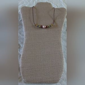 New Handmade Neutral Pearl & Dark Brown Leather Necklace